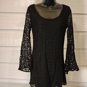 UMGEE USA Medium Dress Bohemian Tunic Black Witchy Long Bell Sleeves Scoop Neck